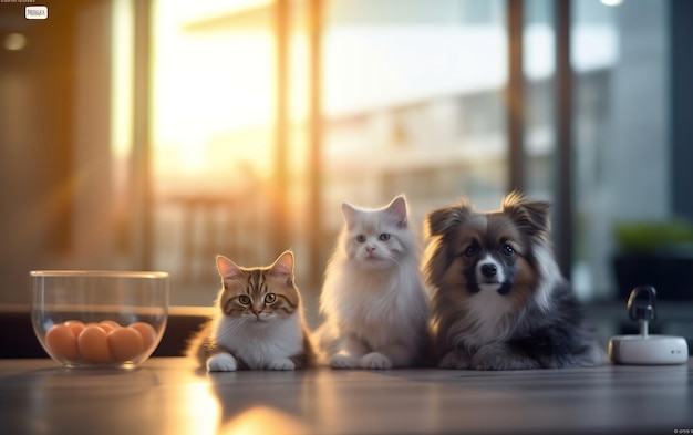 Three cats sit on a table with a bowl of fruit in the background