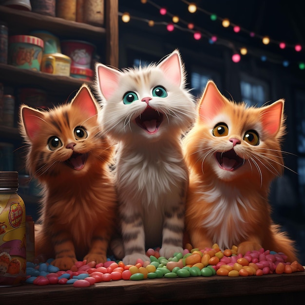 Three cats sitting on a table with candy in front of them generative ai