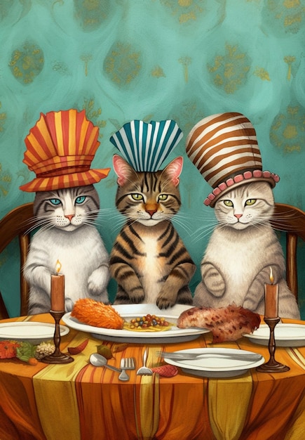 Three cats sitting at a table with a plate of food generative ai