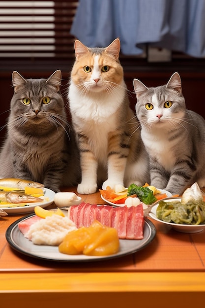 Three cats sitting on a table with plates of food and fruit generative ai