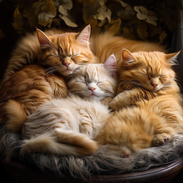 three cats sleeping together on a wicker chair.