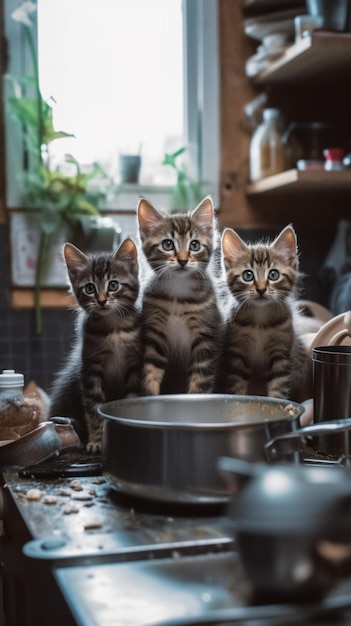 Three cats stand in a kitchen, one of which is a pot of water.