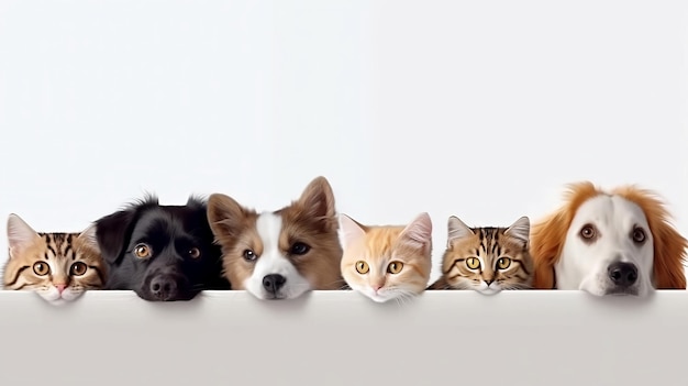 Photo three cats and three dogs peek curiously from under a white banner with copy space aigenerated