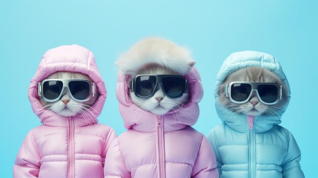 青い背景にコートとサングラスを着た3匹の猫