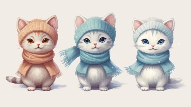 Three cats wearing hats and scarves, one wearing a blue hat and one wearing a blue hat.