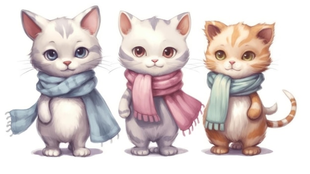 Three cats wearing scarves and a scarf