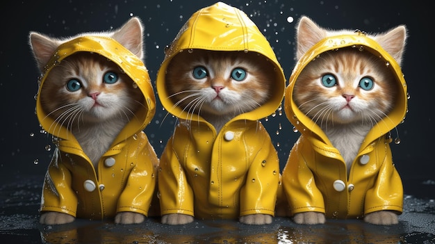 Three cats in yellow raincoats standing in a row