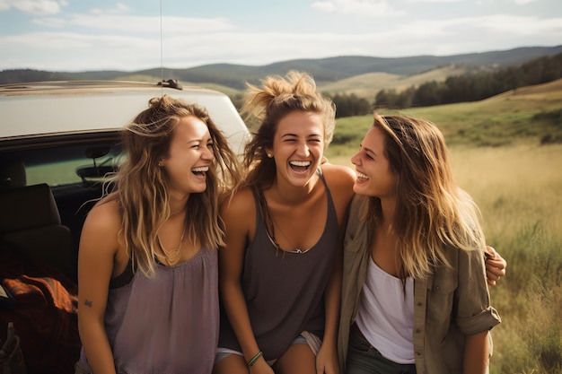 Photo three caucasian friends group going on a road trip