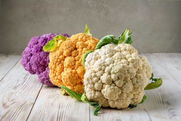 Three cauliflower inflorescences lie on a white wooden table