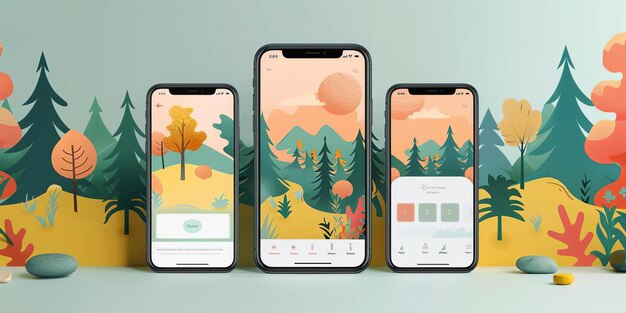 Three cell phones are displayed with a forest background