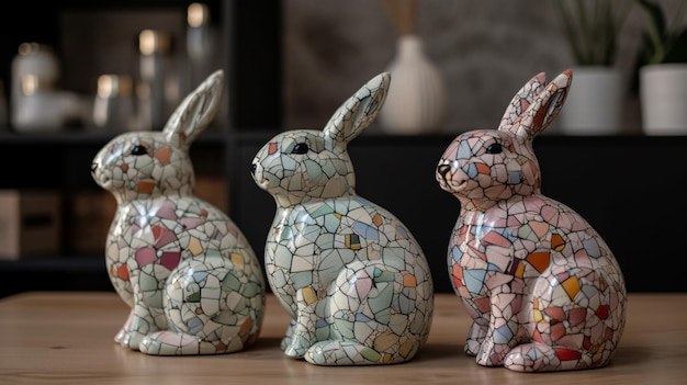 Three ceramic rabbits sit on a table, one of which is pink, the other is pink and the other is pink.