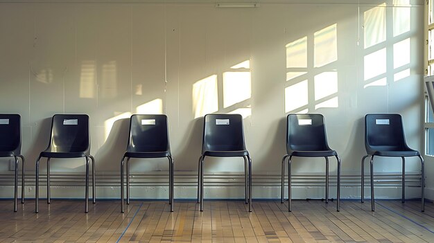 Photo three chairs are lined up against a wall with a sign that says  do not enter