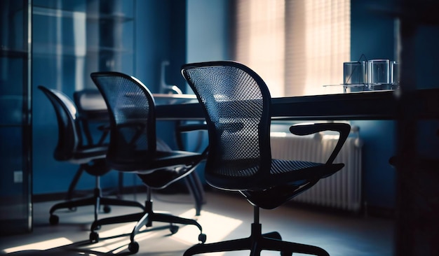 Three chairs next to an open desk in an office