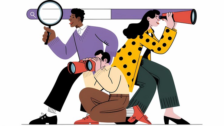 세 명의 등장인물 들 은 활기찬 배경 을 배경 으로 확대 유리 망원경 과 안경 을 사용 하여 탐사 한다