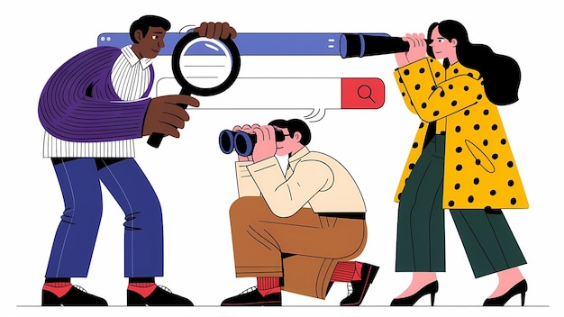 세 명의 등장인물 들 은 활기찬 배경 을 배경 으로 확대 유리 망원경 과 안경 을 사용 하여 탐사 한다
