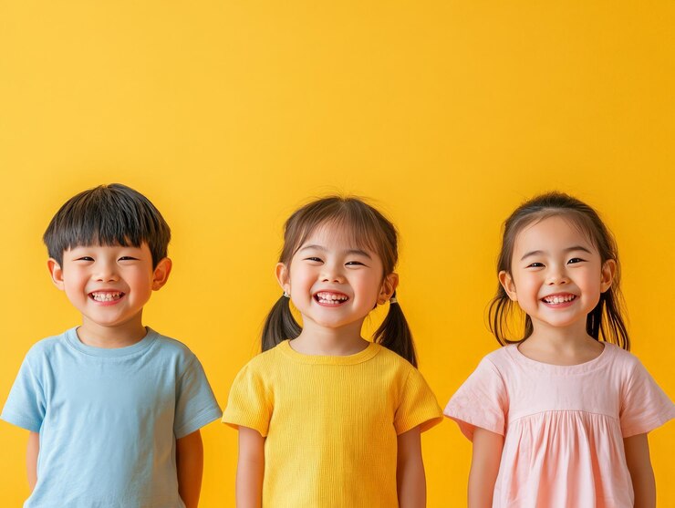 Photo 밝은 노란색 배경 에 미소 짓고 있는 세 명 의 즐거운 아이 들