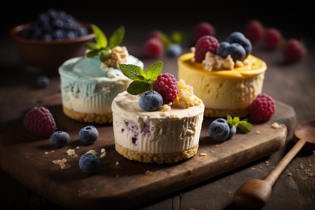 Three cheesecakes with blueberries on a wooden board