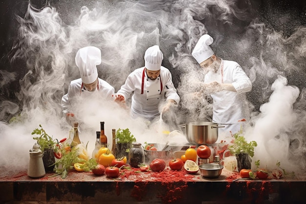 Foto tre chef stanno cucinando in una cucina con una pentola di frutta e verdura