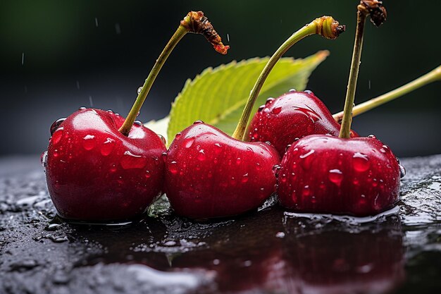 Photo three cherries with rain drops on them one of which has a green leaf