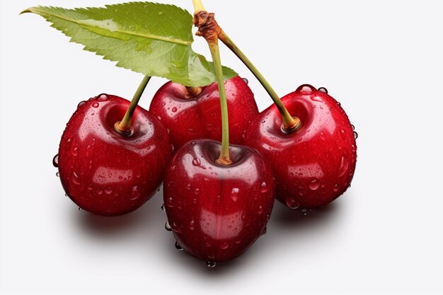 three cherries with water droplets on them on a white surface generative ai