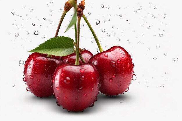 three cherries with water droplets on a white background generative ai