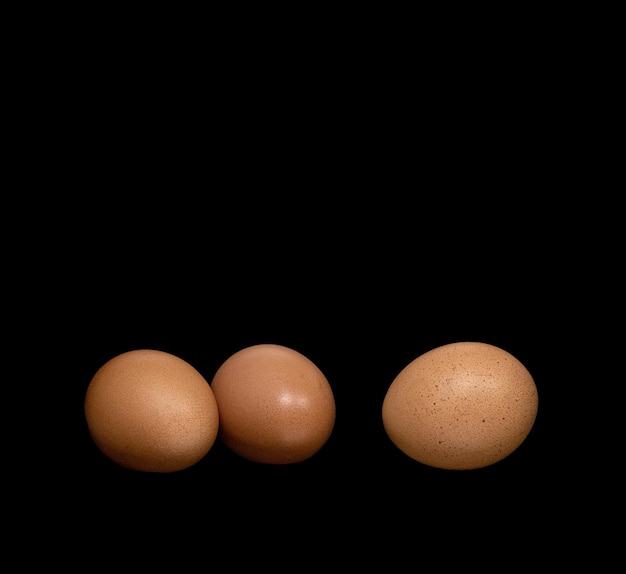 Three chicken eggs on a black background