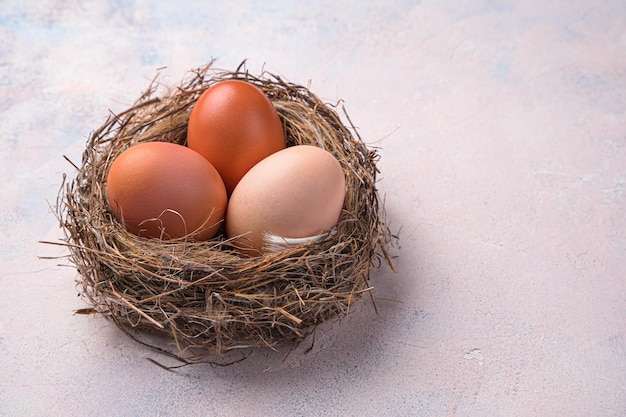 Three chicken eggs in a nest on a light background Side view copy space