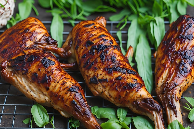 Three chicken legs on a grill with basil on the side.