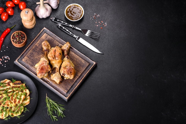 Three chicken legs grilled with spices and herbs on a wooden cutting board