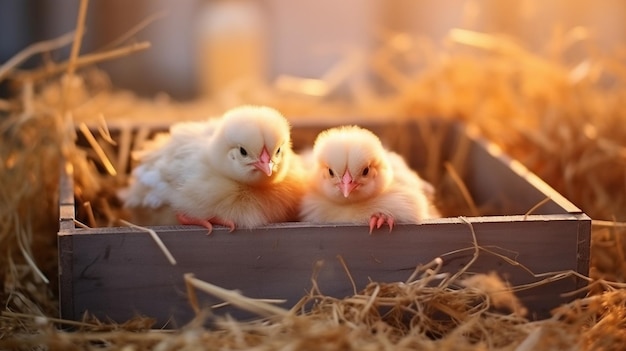 Photo three chickens are sitting in a box with hay.