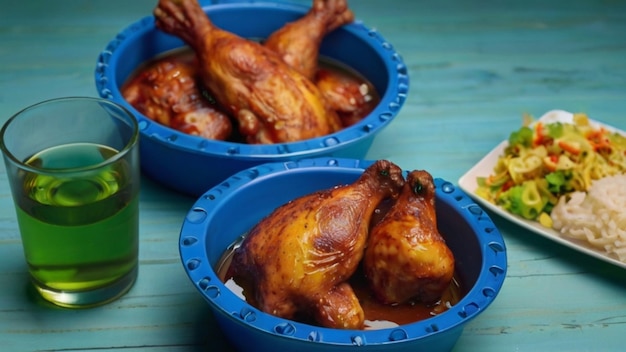 three chickens in blue bowls with a plate of food on it