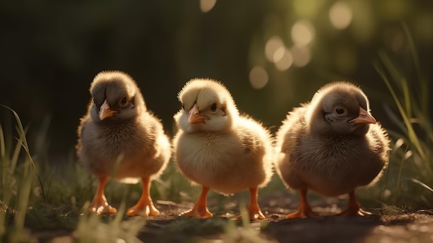 Three chickens on a farm