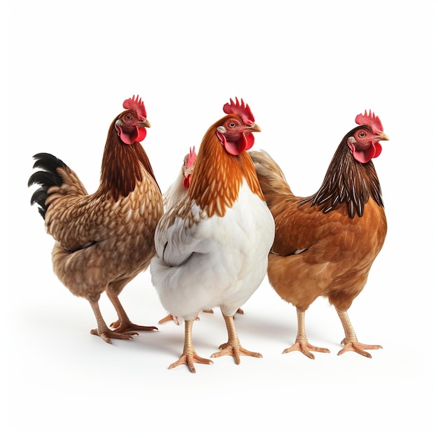 Three Chickens Standing Next To Each Other On A White Surface