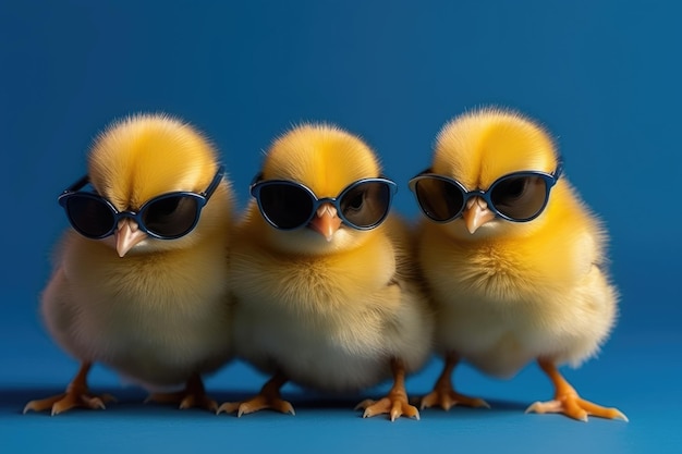 Three chickens wearing sunglasses on a blue background Generative AI