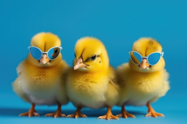 파란색 배경에 선글라스를 쓴 세 마리의 닭 Generative AI
