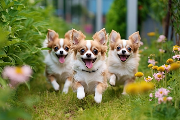 Three Chihuahua running on the garden