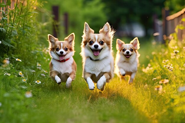 Three Chihuahua running on the garden