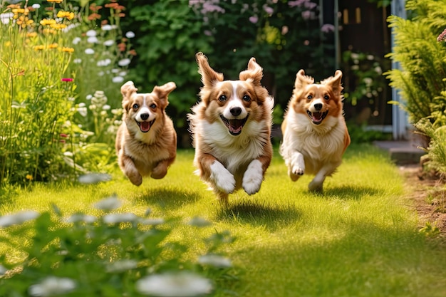 Three Chihuahua running on the garden