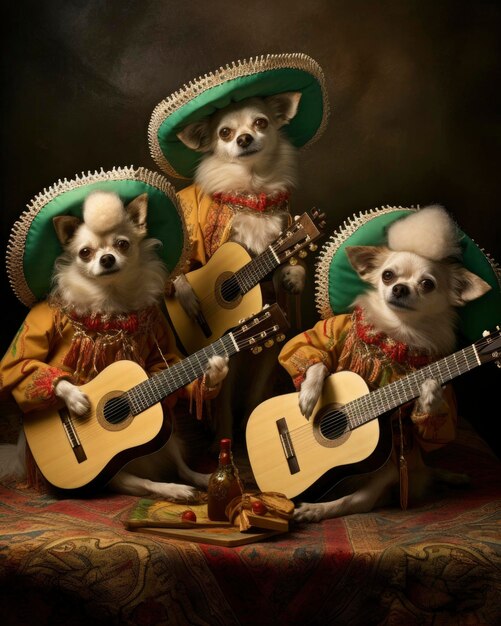 Three chihuahuas dressed in mexican attire and hats with guitars