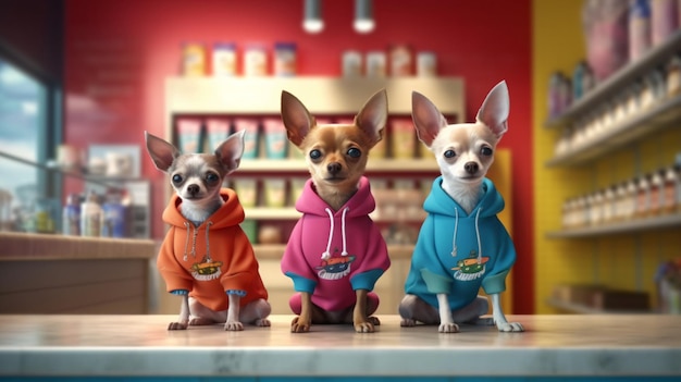 Three chihuahuas wearing hoodies stand on a counter.