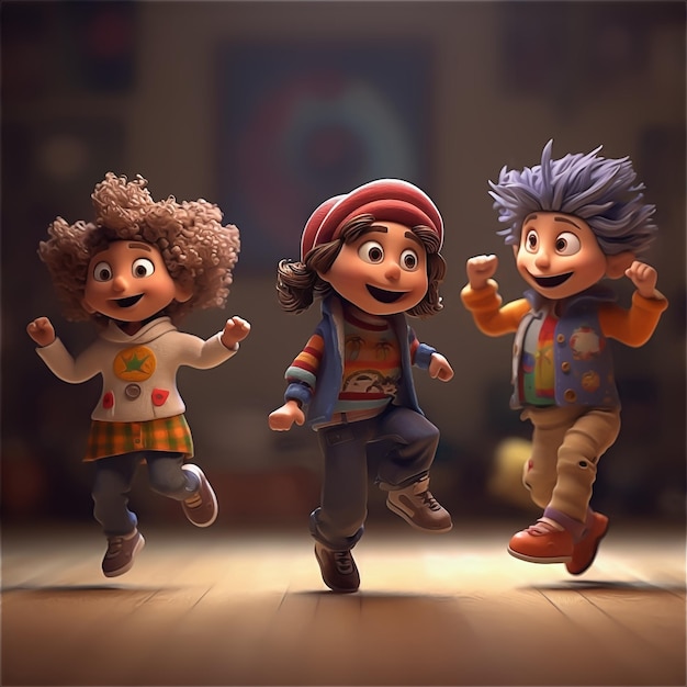 Three children are dancing in a scene from the movie