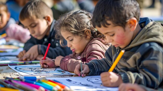 Foto tre bambini stanno disegnando con matite colorate a un tavolo e indossano tutti abiti casuali.