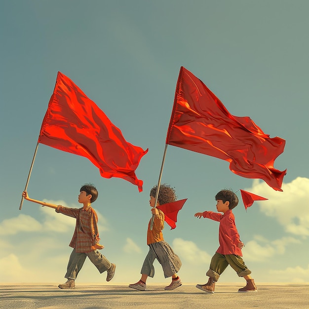 трое детей держат красные флаги и один имеет красный флаг в середине