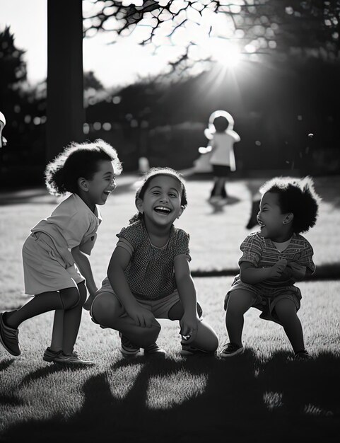 Foto tre bambini stanno giocando con una palla in un parco