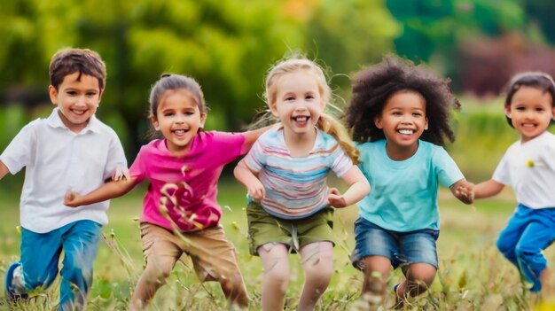 3人の子供が芝生で走っているそのうちの1人はピンクのシャツを着ている