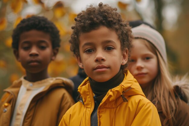 Photo three children are standing in line one of them wearing yellow jacket