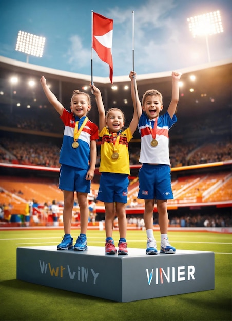 three children are standing on a pedestal with a flag on it