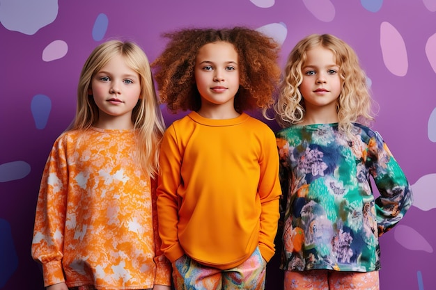 three children are wearing colorful t shirts