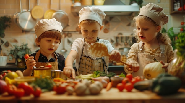 Трое детей в шляпах шеф-повара готовят на кухне.
