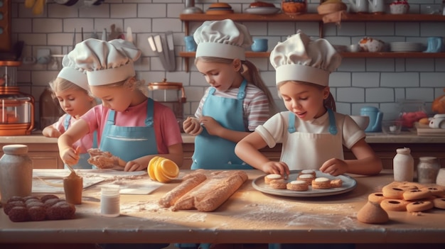 Three children cooking in a kitchen with a white background